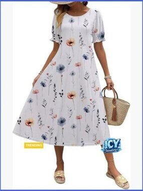 Polyester Blend Midi Dress with Puff Sleeves and Pockets